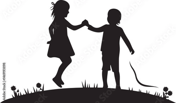 Fototapeta Silhouette of Shared Joy: Two young children, hand in hand, stand in a vibrant scene that emphasizes their connection and playful engagement. A picture expressing joyful bond.