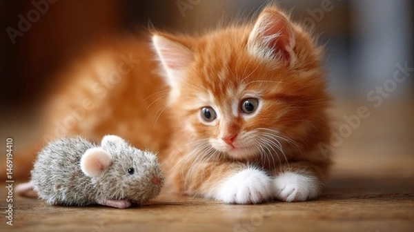 Fototapeta Adorable Red Kitten Playing with Toy Mouse in Cute and Fun Moment