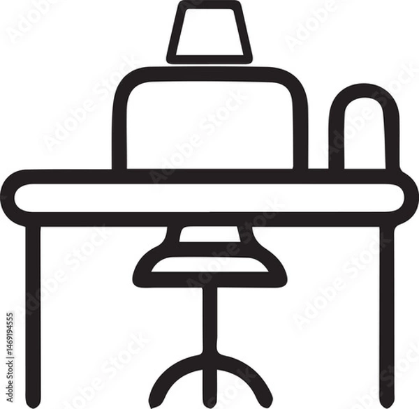 Fototapeta Workspace Icon: Simple, modern line art depicts an office desk and chair, perfect for illustrating business and work-related themes.
