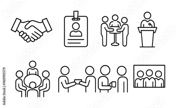 Obraz Business and networking icons set – outline, linear, meeting and corporate symbols