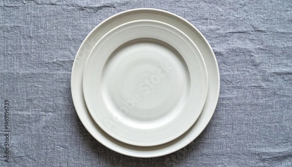 Obraz Elegant stack of white dinner plates on textured gray linen tablecloth minimalist food presentation indoor setting top-down perspective
