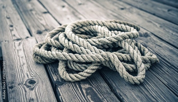 Obraz Tangled rope arrangement on weathered wooden dock nautical scene close-up photography natural light textural contrast