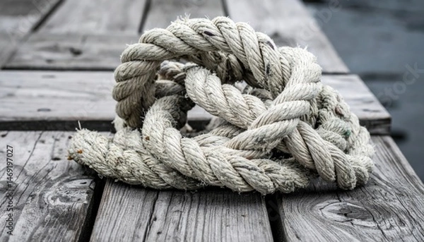 Obraz Tangled rope knot on weathered dock nautical scene close-up outdoor perspective maritime concept