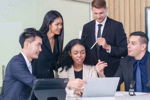 Obraz multiracial business people conference with laptop on table in office room,talking,discussion,consultation,concept business,working,meeting