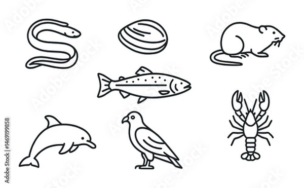 Obraz Marine and wildlife line icons set – outline, linear, aquatic and animal symbols