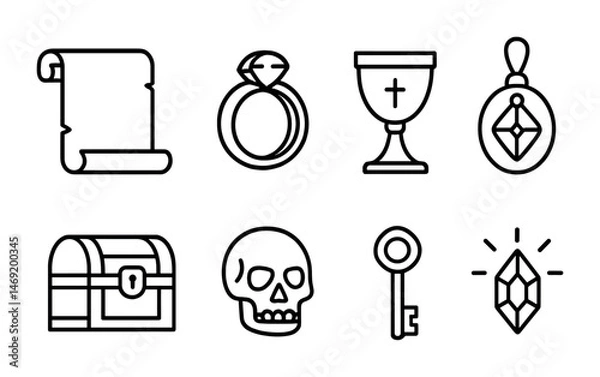 Obraz Ancient treasure outline icons set – linear, relics, and archaeology symbols