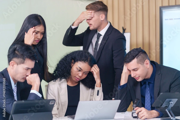 Obraz frustrated multiracial business people seriously meeting in office room,bad condition business conference,problem,worry of results business crisis
