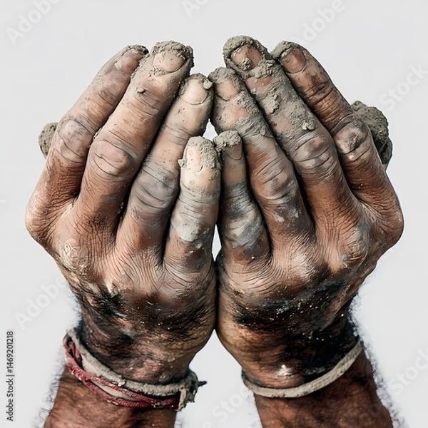 Obraz Muddy Hands Closeup Image of Dirty Workers Hands isolated on white Background