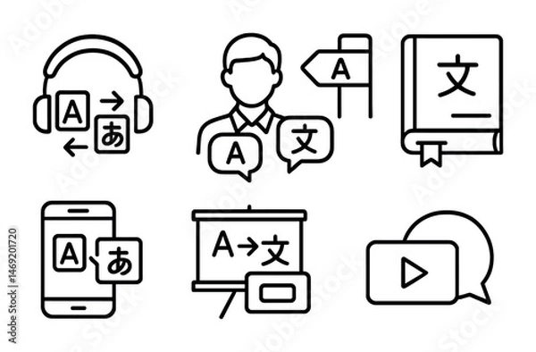 Fototapeta Translation and language outline icons set – linear, linguistic, communication tools