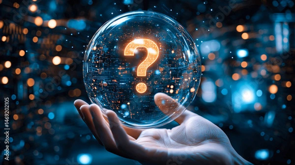 Fototapeta A human hand holds a glowing question mark. Generative AI.