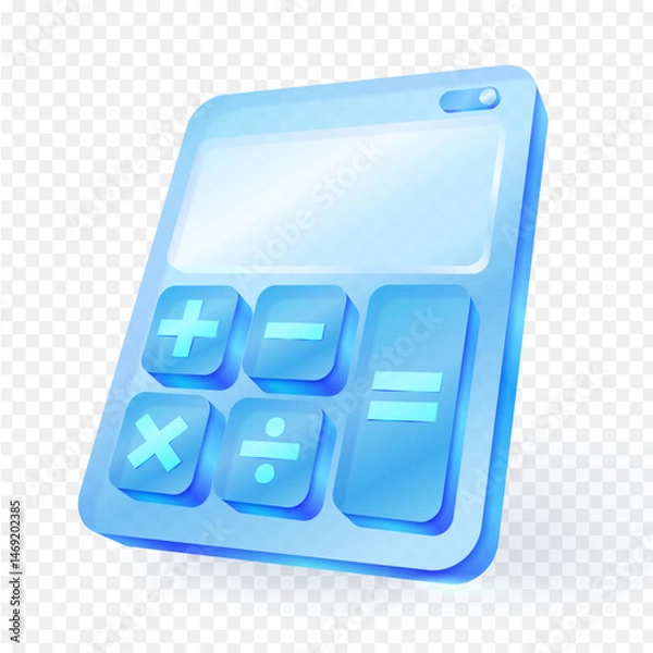 Fototapeta 3D glossy blue calculator icon with basic math symbols Plus, minus, multiply, divide and equal signs on a transparent background. Ideal for educational, financial, or app UI design use. Vector file.