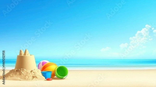 Fototapeta A bright and cheerful summer clipart of a beach scene with a sandcastle, a bucket, and colorful beach toys, ideal for children's summer activities.