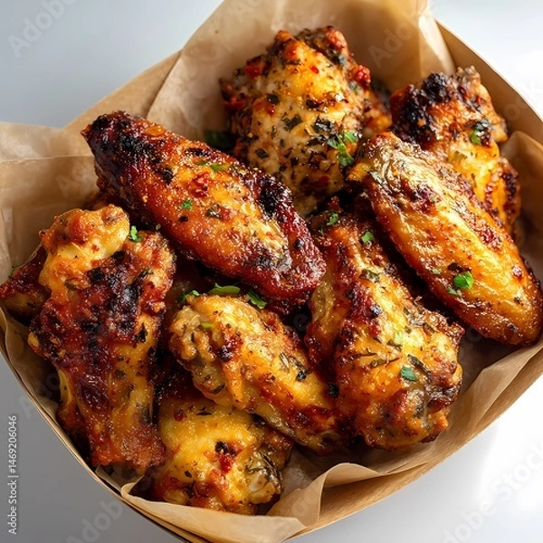 Obraz Delicious HerbRoasted Chicken Wings in a Box isolated on white Background