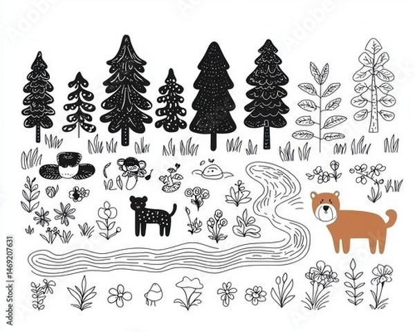 Fototapeta Forest elements, simple illustrations,  nature doodles