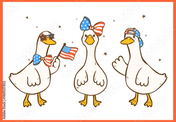 Obraz Cute 4th of July Silly Goose with American Flag Hat and Bow Hand Drawn Doodle Illustration Group