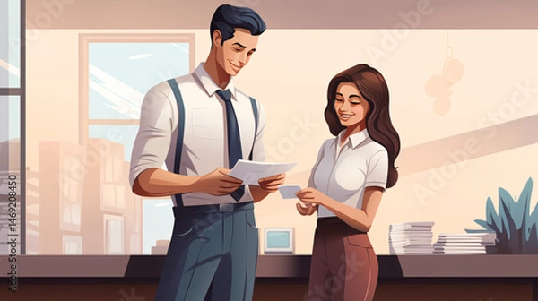 Fototapeta Flat vector showing man and woman standing indoors holding receipts, symbolizing financial documentation and cooperation.

