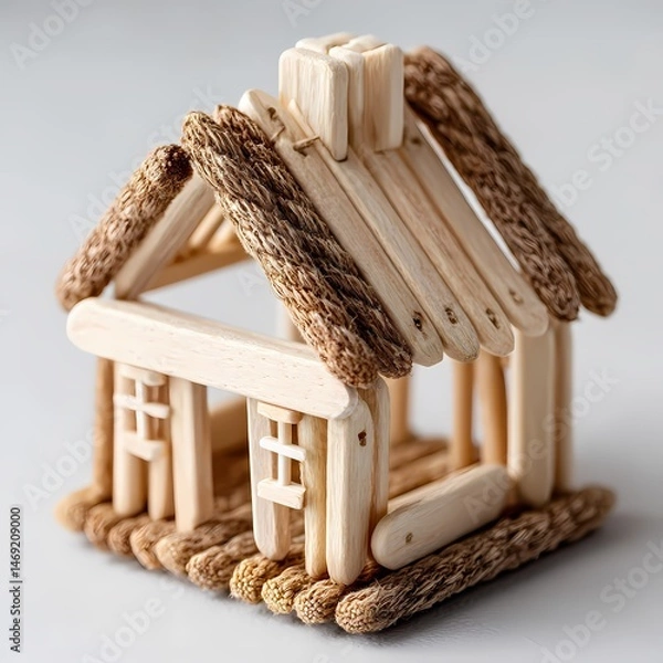 Obraz Adorable Wooden Popsicle Stick House Model Crafts DIY and Home Decor isolated on white Background