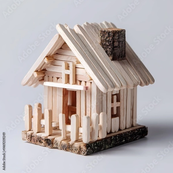 Obraz Adorable Popsicle Stick House Crafts DIY Home Decor Miniature Model isolated on white Background