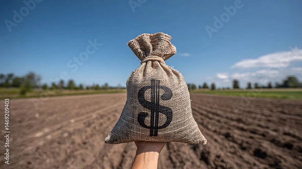 Obraz A hand holds a burlap money bag with a dollar sign against a plowed field under a bright blue sky representing agricultural finance investment and farming profits.