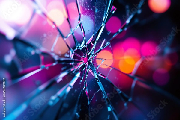 Fototapeta Broken glass with neon bokeh lights in the background