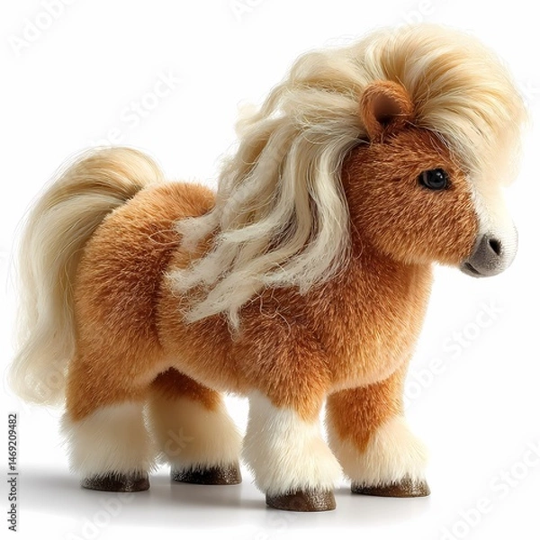 Obraz Adorable Plush Shetland Pony Toy Realistic Stuffed Animal for Kids isolated on white Background
