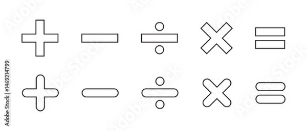 Fototapeta Basic math symbols outline icon. Addition, subtraction, division, multiplication, and equation sign. Editable stroke