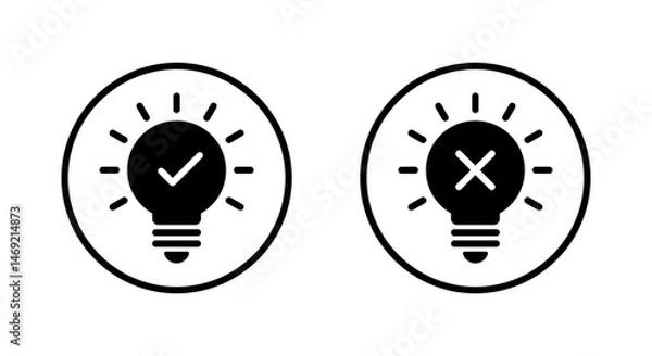 Fototapeta Light bulb with checkmark and cross mark icon on circle line. Creativity and stagnation sign symbol