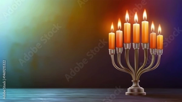 Fototapeta A traditional vector illustration of a menorah with nine beautifully designed candles, lit for Hanukkah, suitable for festive flyers and posters.