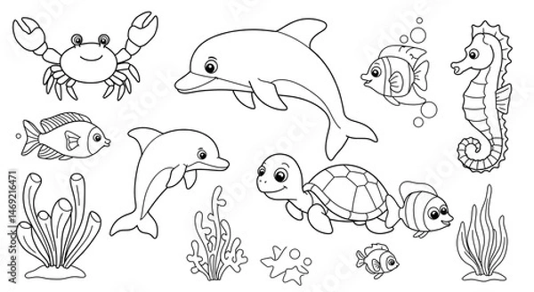 Fototapeta Cartoon Sea Animals Line Art Collection Featuring Dolphins, Turtle and More