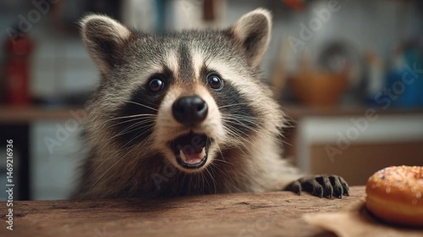 Fototapeta Raccoon Shocked While Stealing a Donut in a Kitchen Setting