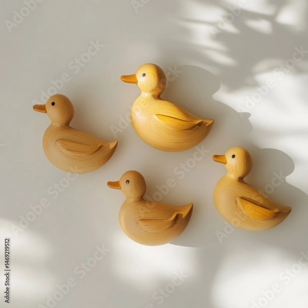 Fototapeta Four yellow wooden ducks on a white background, with a soft light and shadow effect, in a simple style, as a product photograph, flat lay.