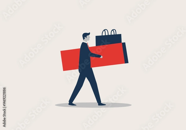 Obraz Businessman walking carrying large red briefcase and black shopping bags isolated on white background flat vector illustration
