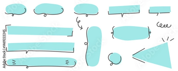 Obraz 手書きの吹き出し、フレームセット　ベクターイラスト　テキスト無し　ブルー　飾り枠　コメント　セリフ　広告　チラシ　雑誌