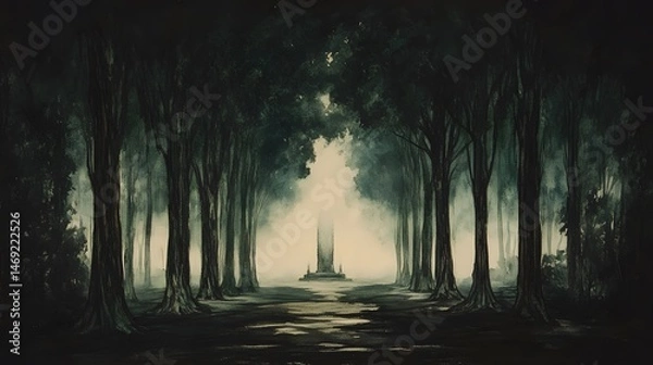 Fototapeta Misty, shadowy forest path leading to an obelisk.
