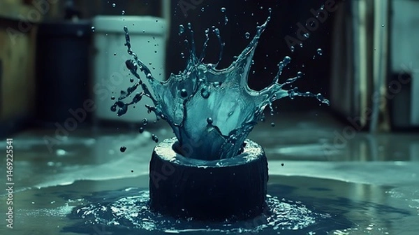 Fototapeta A vibrant splash of liquid in a dark, enclosed space.