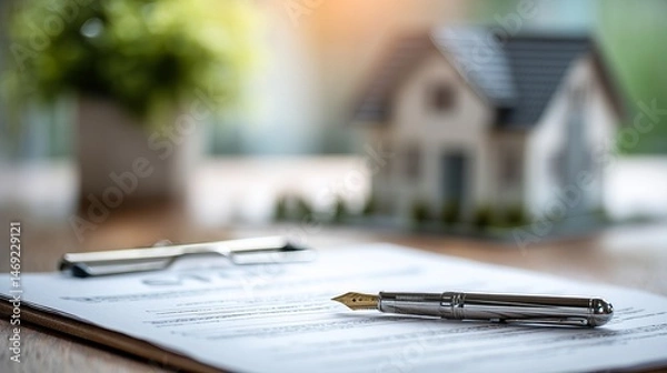 Fototapeta Document for property purchase with house model in the background during daylight hours