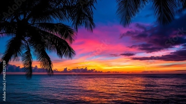 Obraz Vibrant Tropical Sunset Silhouette of Palm Trees Casting Shadows on Horizon