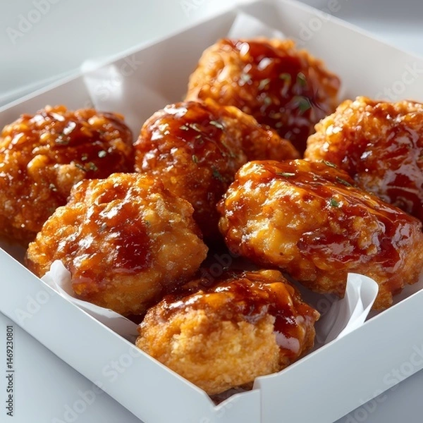 Obraz Delicious Honey Garlic Glazed Chicken Bites in a Box isolated on white Background