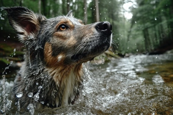 Fototapeta Close-up of Border Collie type breed wading into a stream, water droplets, forest background, wet fur and dog portrait