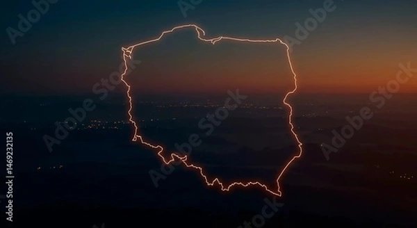Fototapeta Glowing Outline of Poland at Sunset