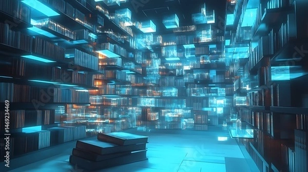 Fototapeta Futuristic Library with Glowing Books.