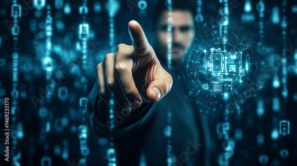 Fototapeta A person pointing their finger, representing recruitment, against a blue gradient holographic tech display. This futuristic, digital concept embodies modern technology, hiring processes