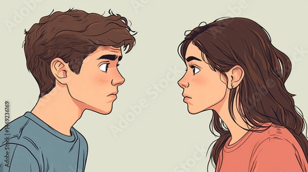 Fototapeta Young boy and girl. Cartoon characters are looking at each other AI generative