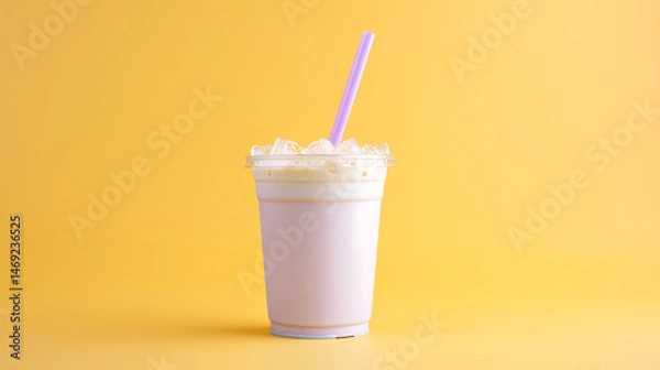 Fototapeta A vibrant plastic cup with a straw, filled with a refreshing summer juice or milkshake.

