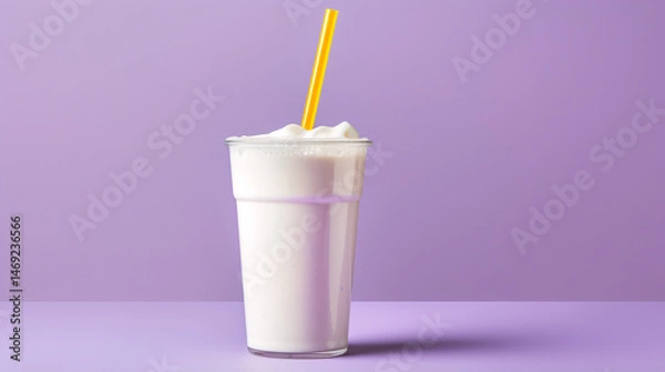 Fototapeta A vibrant plastic cup with a straw, filled with a refreshing summer juice or milkshake.

