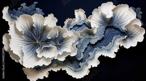 Fototapeta A beautiful design featuring a shrunk white and blue flower on a dark background, elegant concept.

