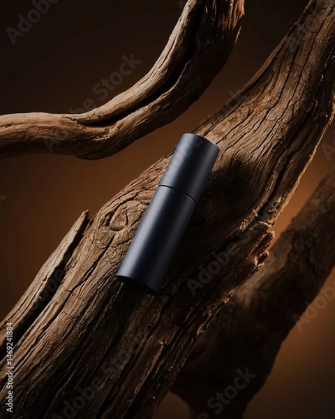 Obraz Black spray bottle floating on twisted wood with rich brown backdrop