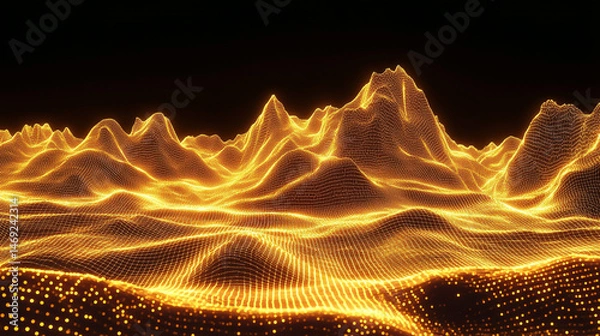 Fototapeta 3D of a yellow mesh landscape with a black background. The golden desert mountains in the distance are made up of orange and white lines, glowing particles, a depth effect