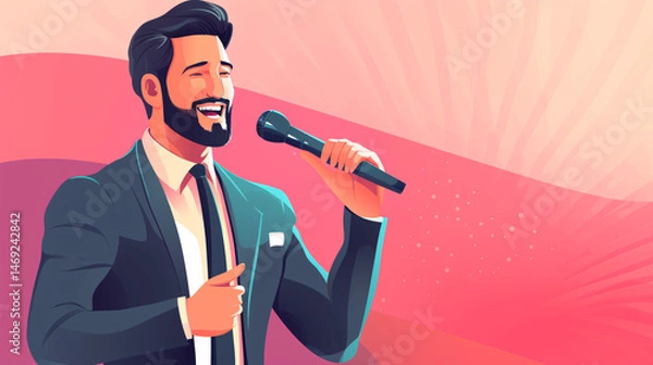 Fototapeta A professional man holding a microphone, explaining a concept during a meeting with space for text.

