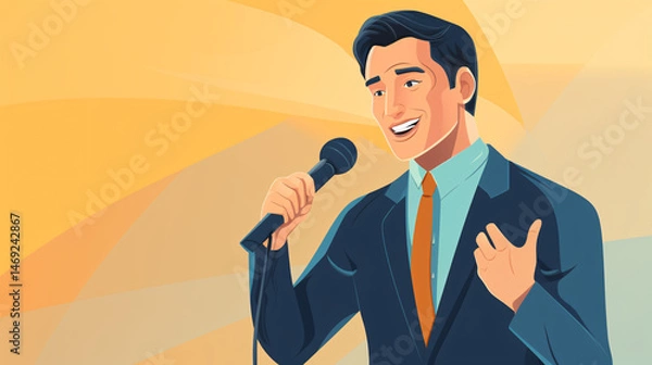 Fototapeta A professional man holding a microphone, explaining a concept during a meeting with space for text.

